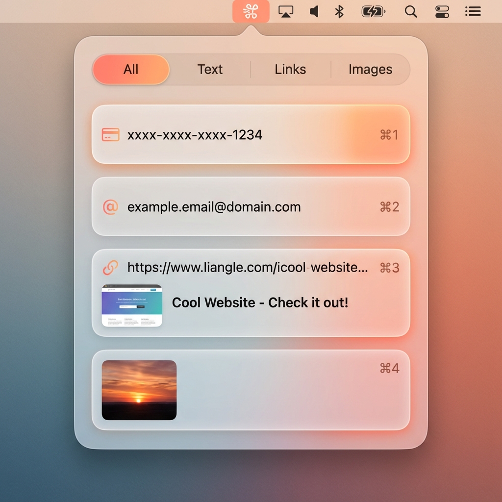CopyPasta app interface showing clipboard history with smart categorization