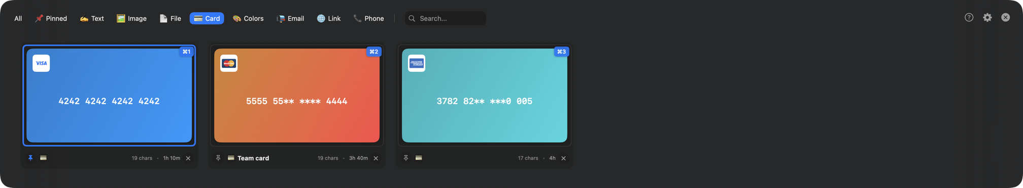 CopyPasta Card tab showing Visa, Mastercard and American Express cards with masked numbers