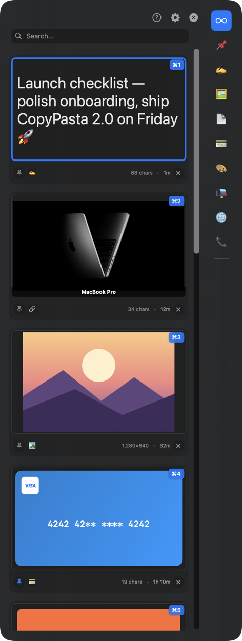CopyPasta vertical strip docked at the screen edge
